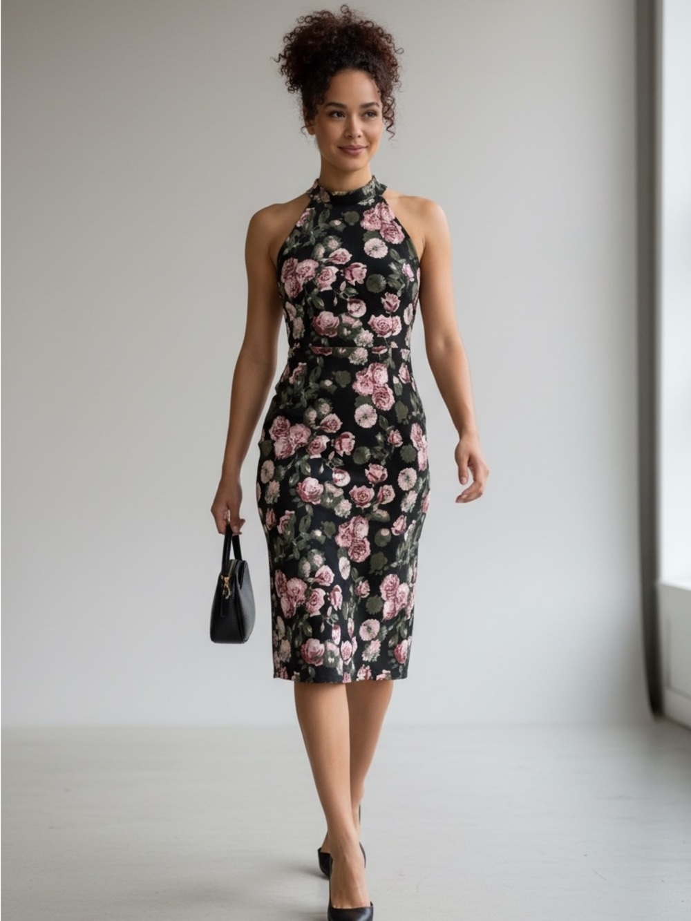 Y2K‎ Hot Kiss Floral Halter Sheath Dress in Black and Pink